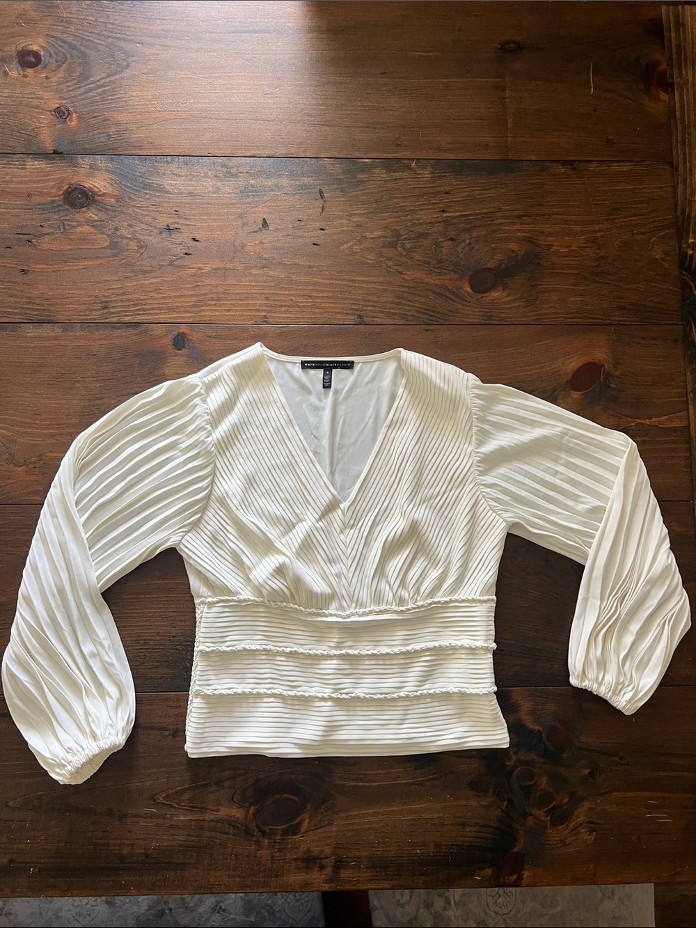 White House Black Market Ivory Pleated V-Neck Blouse